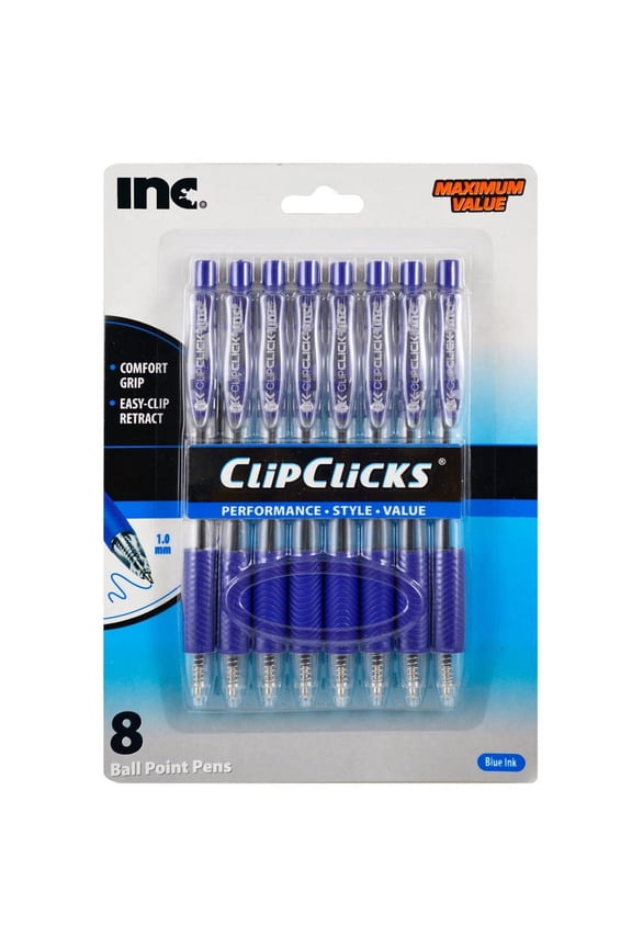 . Clip Click Ball Point Pens, Comfort Grip, 1.0 mm, Blue Ink, 8 Count