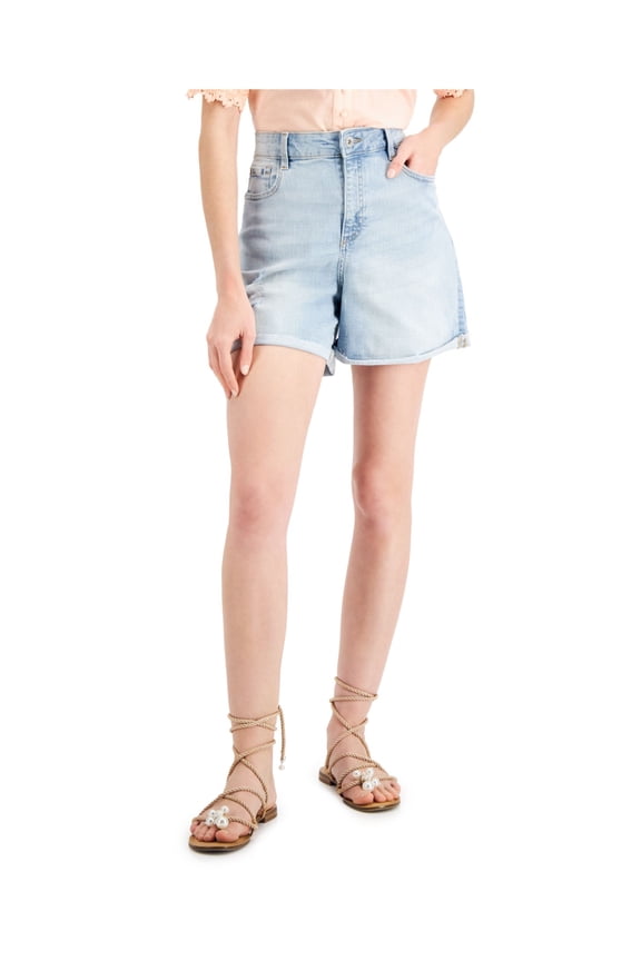 Womens Light Blue Denim Pocketed Zippered Distressed Raw Hem High Waist Shorts 8