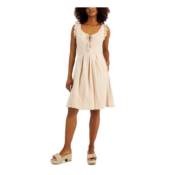 INC DRESSES Womens Beige Ruffled Zippered Pleated Lace Up Front Pocketed Sleeveless Scoop Neck Knee Length Fit + Flare Dress 8