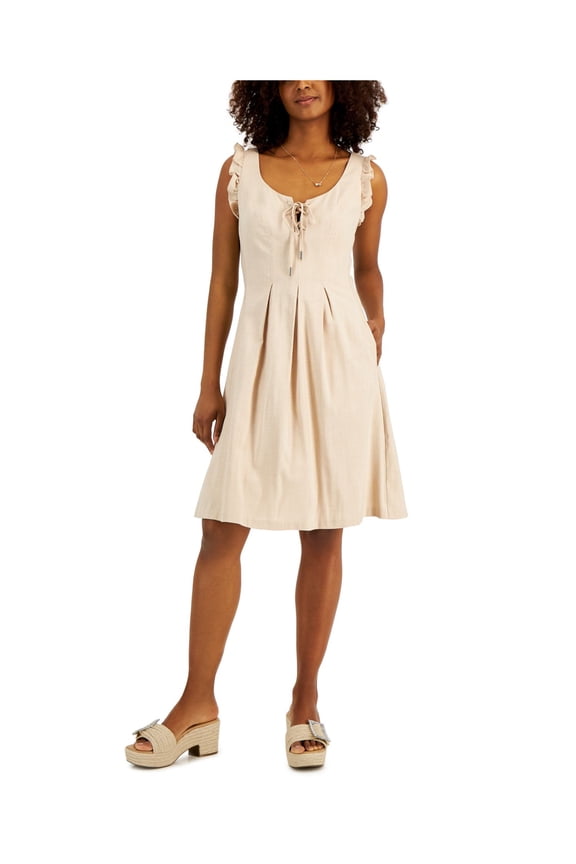 Womens Beige Ruffled Zippered Pleated Lace Up Front Pocketed Sleeveless Scoop Neck Knee Length Fit + Flare Dress 8