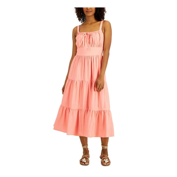 INC DRESSES Womens Coral Smocked Tie Tiered Pullover Lined Sleeveless Square Neck Midi Fit + Flare Dress 8