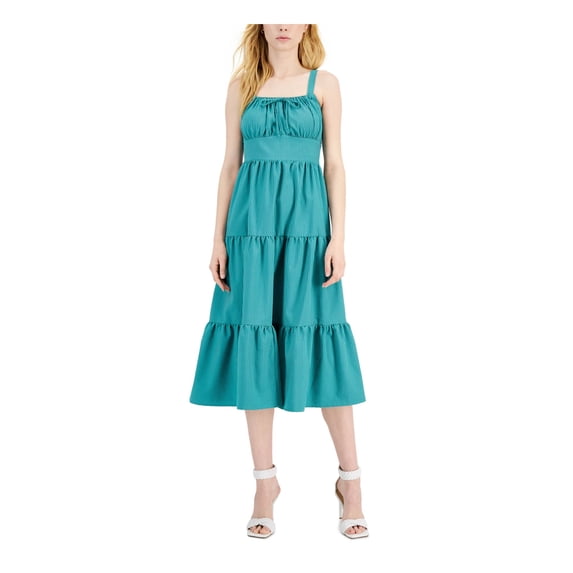 INC DRESSES Womens Green Smocked Adjustable Pullover Tiered Striped Sleeveless Square Neck Midi Fit + Flare Dress 16