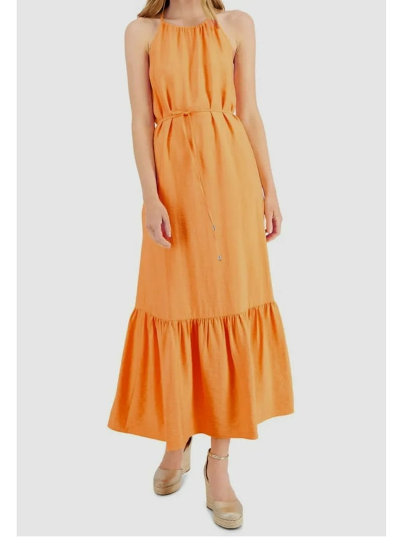 strapless open back dress Ladivine C142 Neon Orange Prom Dress Size 10,14 Long Fitted Shimmer Je –  Glass Slipper Formals main image 0