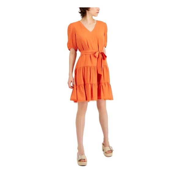 INC DRESSES Womens Orange Zippered Embellished Tiered Tie Back And Waist Elbow Sleeve V Neck Above The Knee A-Line Dress M