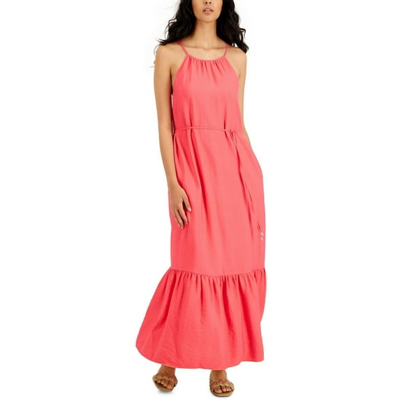 INC DRESSES Womens Pink Ruched Belted Tie Keyhole Back Tiered Hem Sleeveless Halter Maxi Shift Dress 8