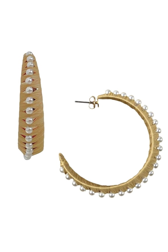 INC Gold-Tone Large Imitation Pearl Studded Raffia-Wrapped C-Hoop Earrings