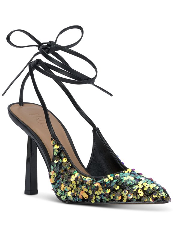 International Concepts Ankle-Tie Pointed Pumps Gold Sequins 6.5M