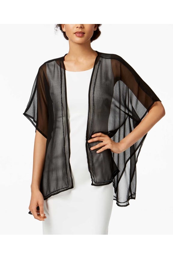 Bead-trim Kimono (Black, One Size)
