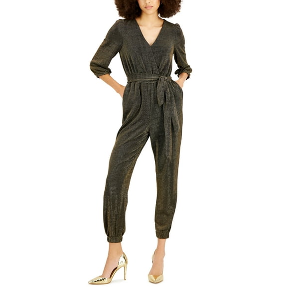 INC International Concepts Belted Cropped Jumpsuit Black/Gold 8