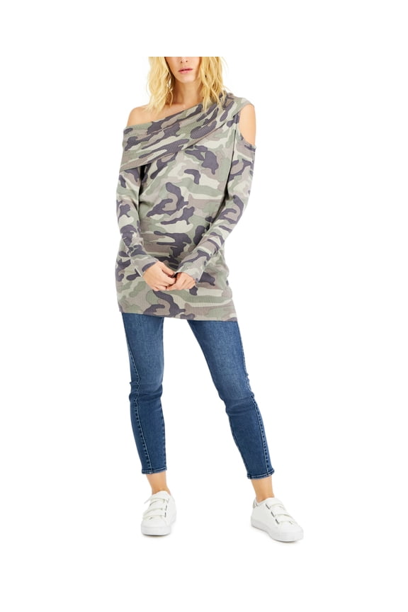 Camo Print Off The Shoulder Cutout Tunic Top Camo S