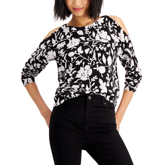 INC International Concepts Cold Shoulder Sweater Deep Black Cmb XL
