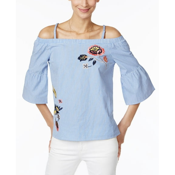 INC International Concepts Cotton Embroidered Cold Shoulder Top Paradise Stripe XL