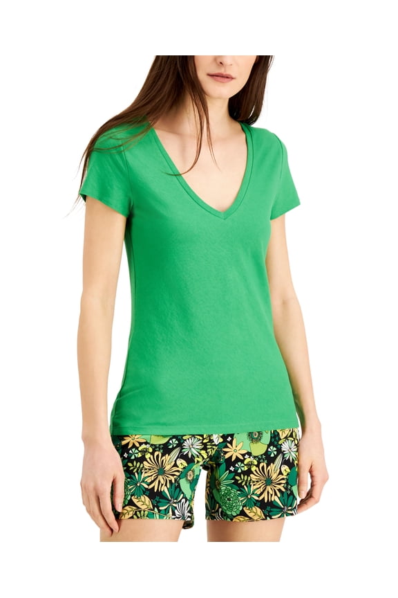 Cotton V Neck T-Shirt Green Emerald M