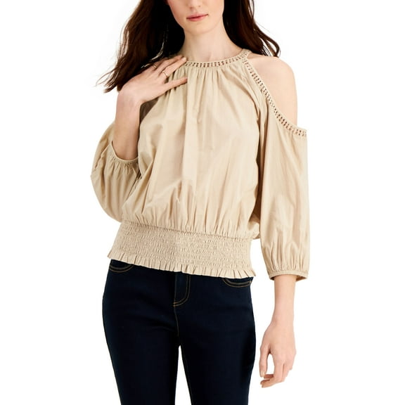 INC International Concepts Crochet Cold Shoulder Smocked Hem Top Toasted Twine XS