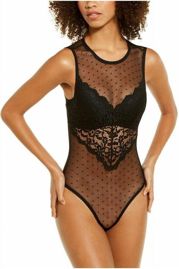 Cupped Swiss Dot Thong Bodysuit, Black, XX-Large