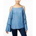 thumbnail image 1 of INC International Concepts Denim Ruffled Cold Shoulder Top  Indigo Blue 12, 1 of 2