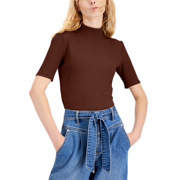 INC International Concepts Elbow Sleeve Mock Neck Top Deep Sienna L