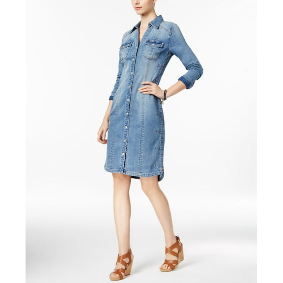 INC International Concepts Embroidered Denim Shirtdress Indigo 10