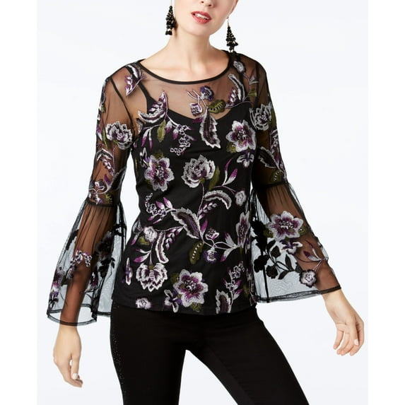 INC International Concepts Embroidered Sheer Bell Sleeve Top Black Multi L