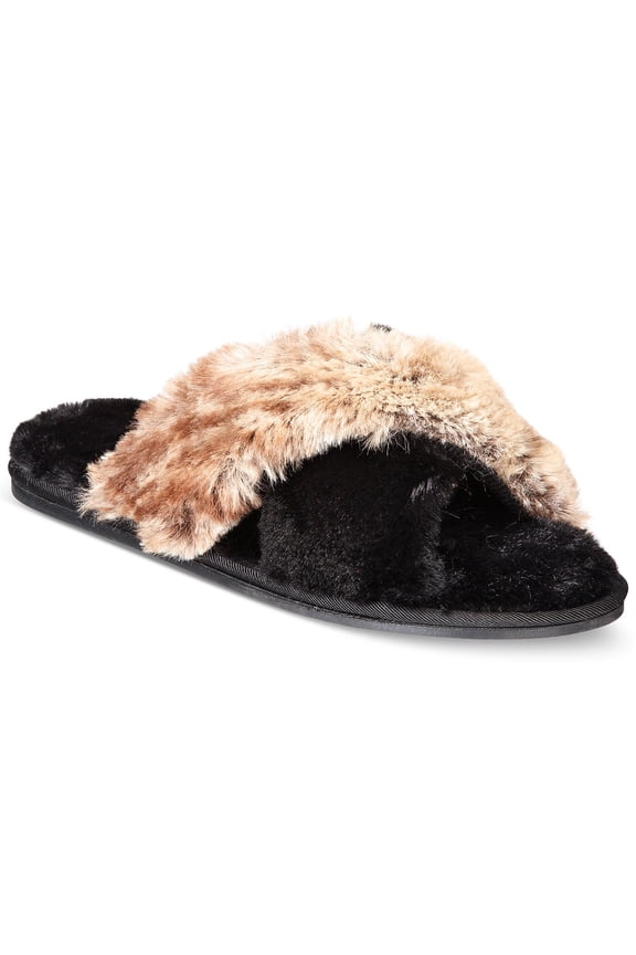 Faux-Fur Cross Band Slippers (Black, S)