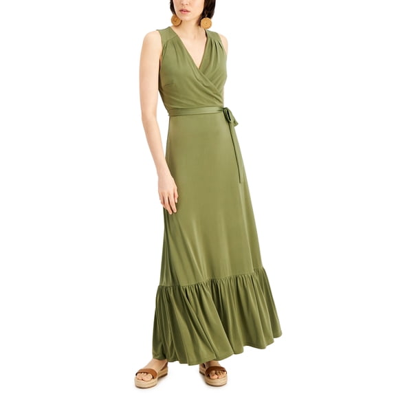 INC International Concepts Faux Wrap Maxi Dress Burnt Olive L