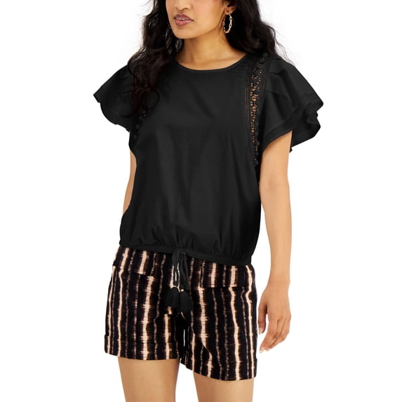 INC International Concepts Flutter Sleeve Tassel Tie Front Top Deep Black S
