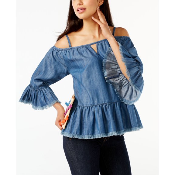 INC International Concepts Frayed Cold Shoulder Top Indigo Wash 10
