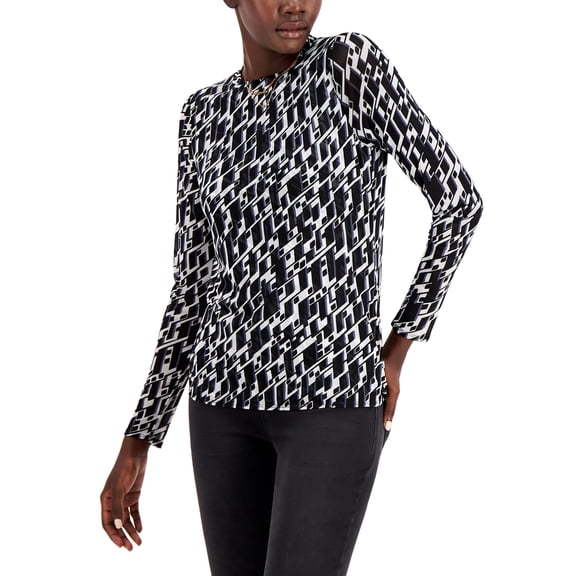 INC International Concepts Geo Print Mesh Crewneck Top Keeva Geo L