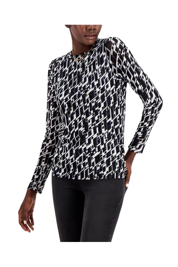 Geo Print Mesh Crewneck Top Keeva Geo L