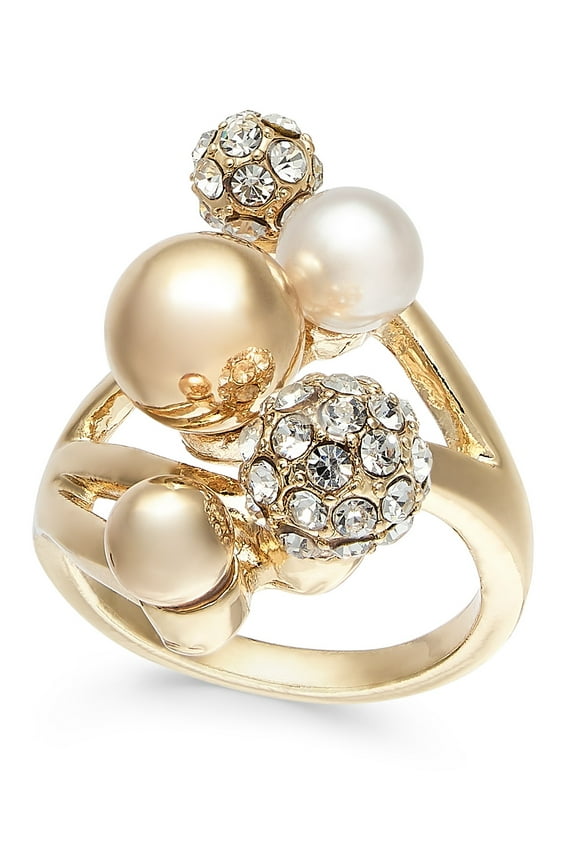 Gold-Tone Imitation Pearl & Crystal Statement Rings, Gold, 11