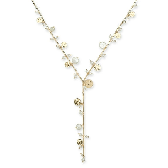 INC International Concepts Gold-Tone Imitation Pearl & Hammered Disc Lariat Necklace, 22″ + 3″ extender,