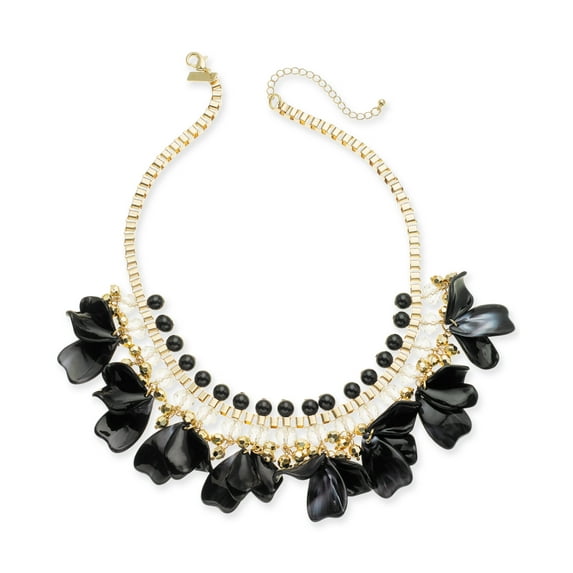 INC International Concepts Gold-Tone Petal Shaky Statement Necklace, 18″ + 3″ Extender, Black, 18" + 3"