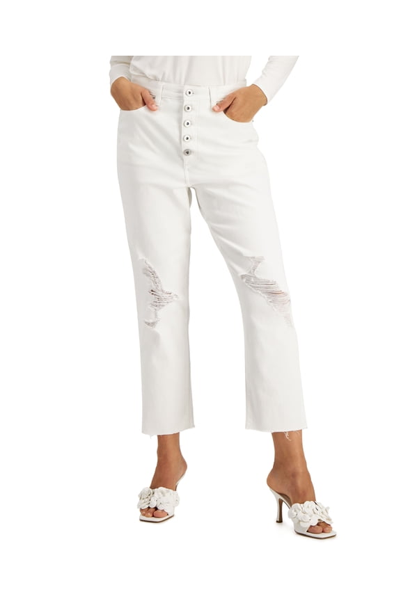 High Rise Ripped Mom Jeans White 10