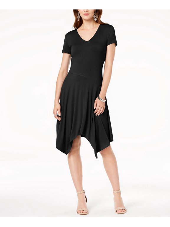 I.N.C. Short-Sleeve Handkerchief-Hem Dress (Deep Black, XL)