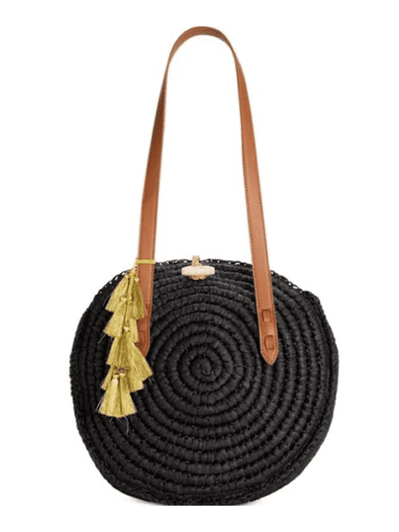 INC Women's Black Toggle Closure Tassel Straw Circle Medium Tote Bag MSRP $59
