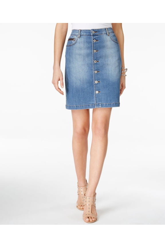 Button-Front Indigo Wash A-Line Denim Skirt Indigo 10