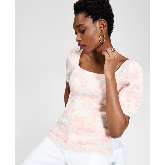 INC International Concepts Jacquard Puff Sleeve Sweater Past Gard Blush L