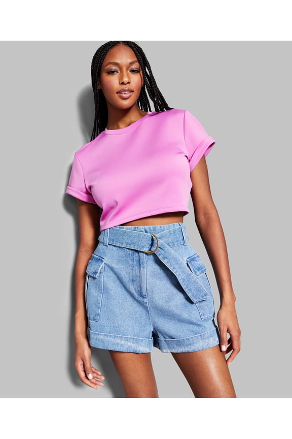 Jeannie Mai X Inc Cropped Solid Short Sleeve Top Cuff Rosebud XL