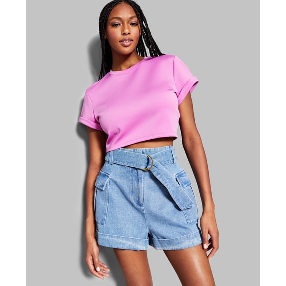 INC International Concepts Jeannie Mai X Inc Cropped Solid Short Sleeve Top Cuff Rosebud XS