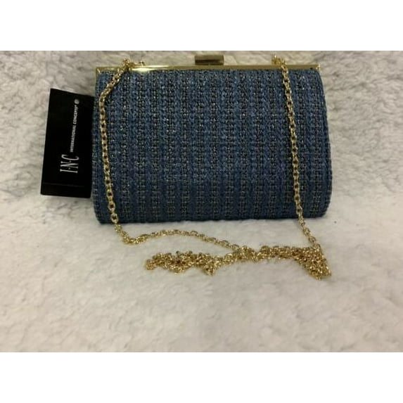 INC International Concepts Loryy Blue Straw & Gold Metallic Clutch Handbag.