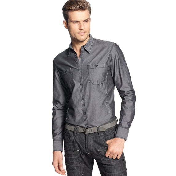INC International Concepts Men's Herringbone Button Down Shirt (Medium, Black)