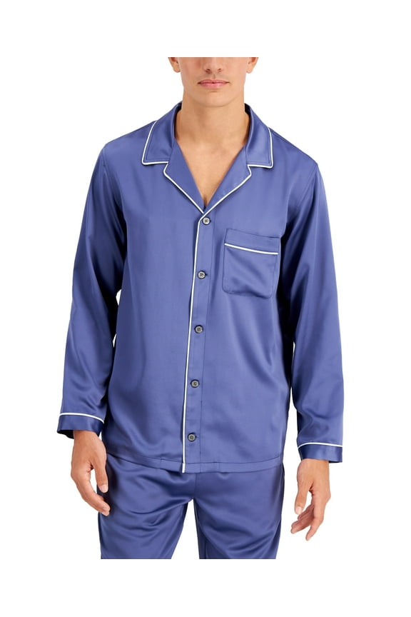 Men's Piped Satin Pajama Shirt Blue Size Small