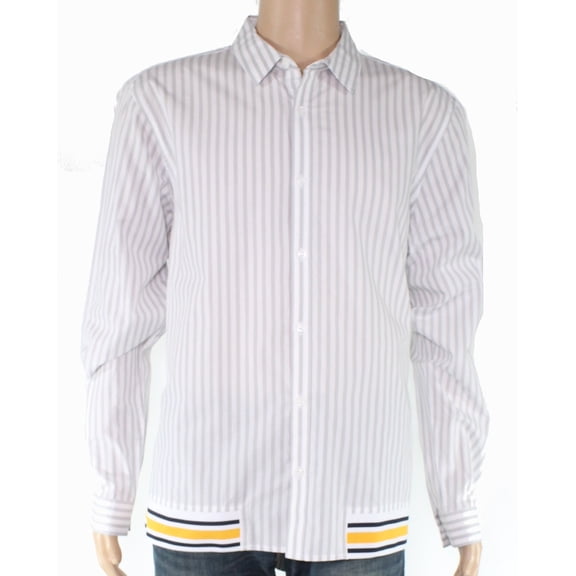 INC International Concepts Mens Pinstriped Button Front Dress Shirt (Gray/White/Yellow, 2XL)