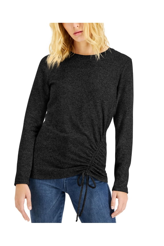 International Concepts Metallic Side Ruched Knit Top Deep Black XS