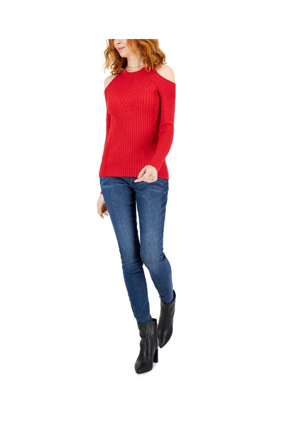 Petite Cold Shoulder Metallic Knit Sweater Metallic- Red Shine PXS