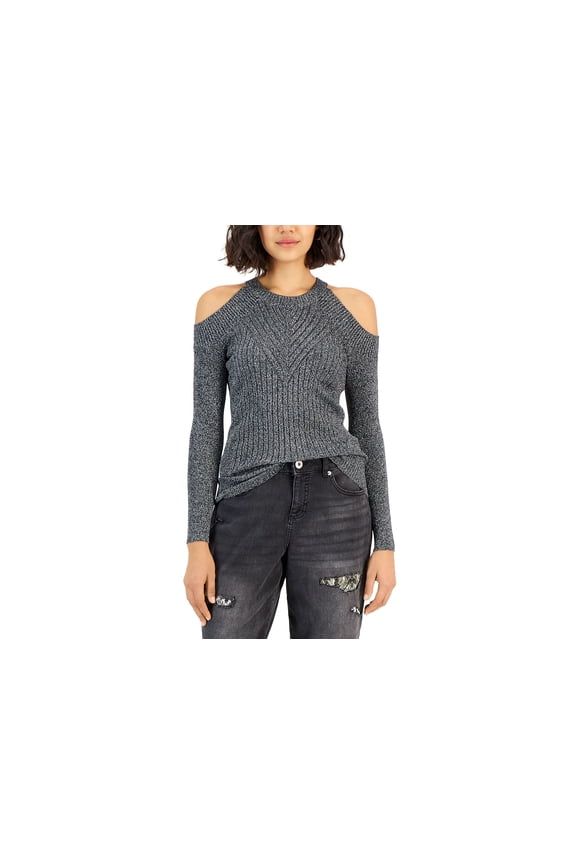 Petite Cold Shoulder Metallic Knit Sweater Metallic- Silver Shine PS