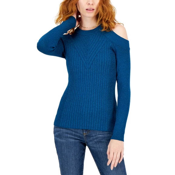 INC International Concepts Petite Cold Shoulder Metallic Knit Sweater Metallic- Teal Shine PL