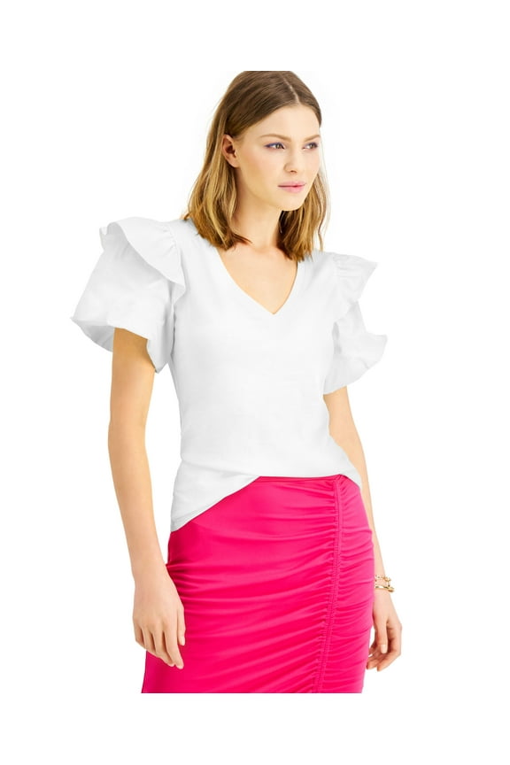 Petite Cotton Ruffled Shoulder Top Washed White PXS