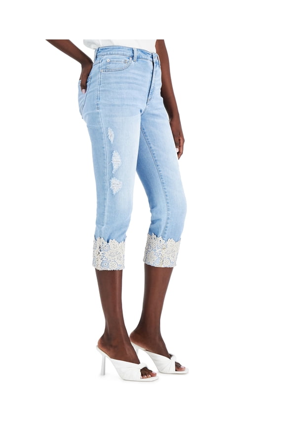 Petite Distressed Laced Cuff Cropped Denim Jeans Light Indigo 10P