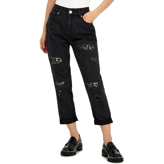 INC International Concepts Petite Embellished Cropped Rip Repair Boyfriend Jeans Rip Washed Black 10P